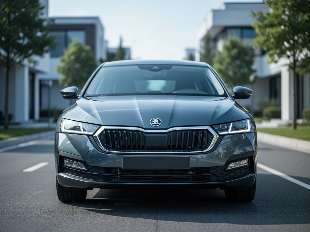 Nowoczesna Skoda Octavia IV w kolorze metalicznym zaparkowana na tle minimalistycznej architektury.