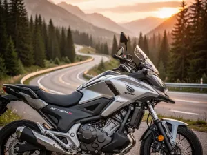 Limonkowa Kawasaki Ninja 650 zaparkowana na tle krętej górskiej drogi w świetle zachodzącego słońca.