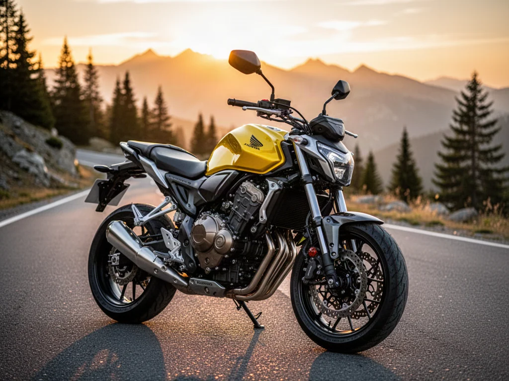Nowoczesna Honda CB750 Hornet w żółtym kolorze zaparkowana na krętej górskiej drodze podczas zachodu słońca.