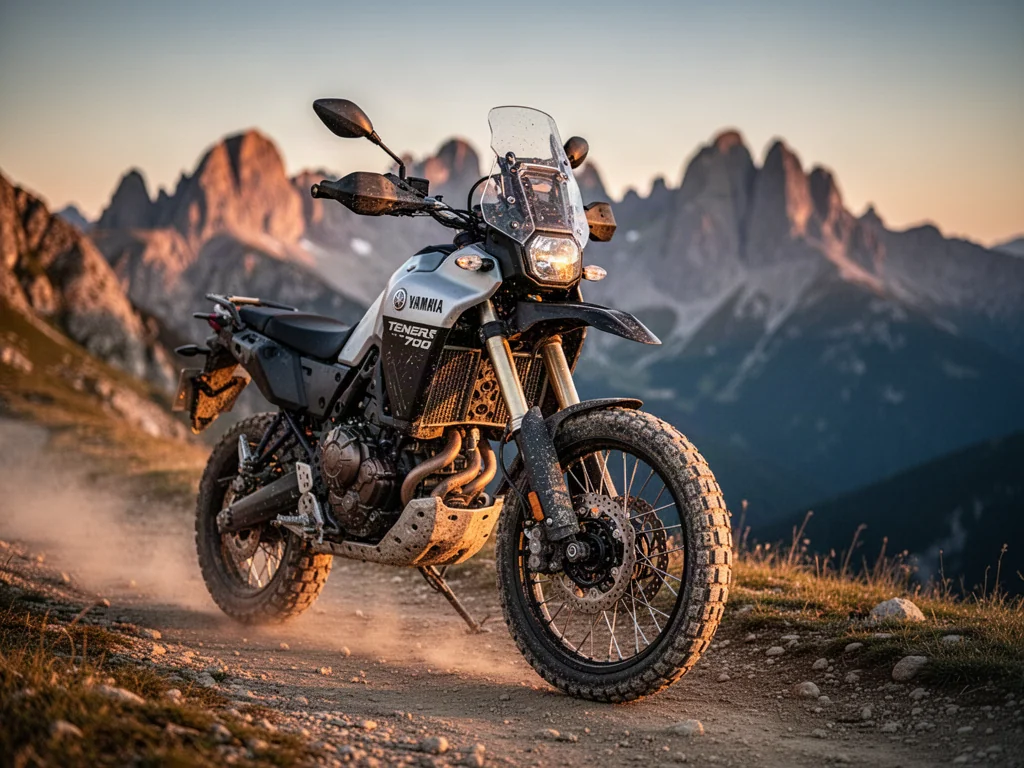 Yamaha Tenere 700 zaparkowana na górskim szlaku o zachodzie słońca, podkreślająca terenowy charakter motocykla.