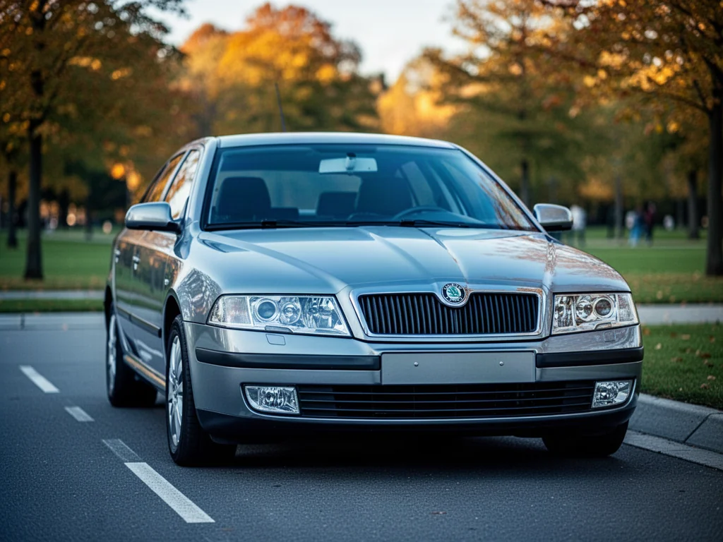 Srebrna Skoda Octavia I zaparkowana na asfaltowej drodze w otoczeniu jesiennego parku.