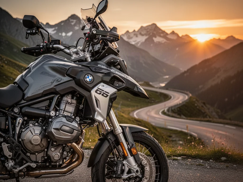 Motocykl Suzuki V-Strom 650 zaparkowany na górskiej przełęczy o zachodzie słońca, podkreślający jego turystyczny charakter.