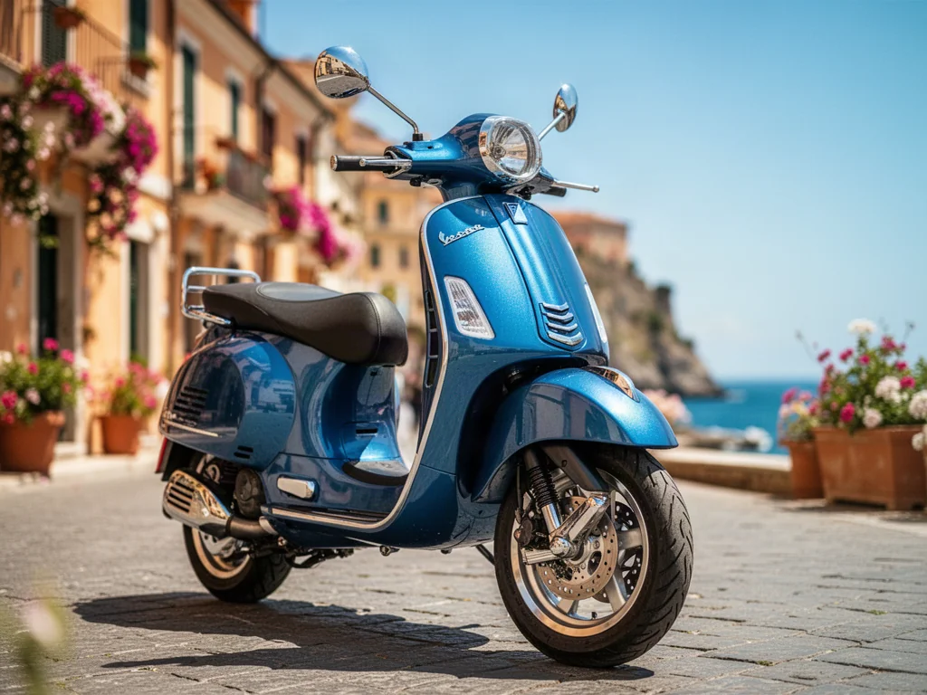 Metaliczna niebieska Vespa GTS 300 zaparkowana na słonecznej, włoskiej uliczce z brukiem.