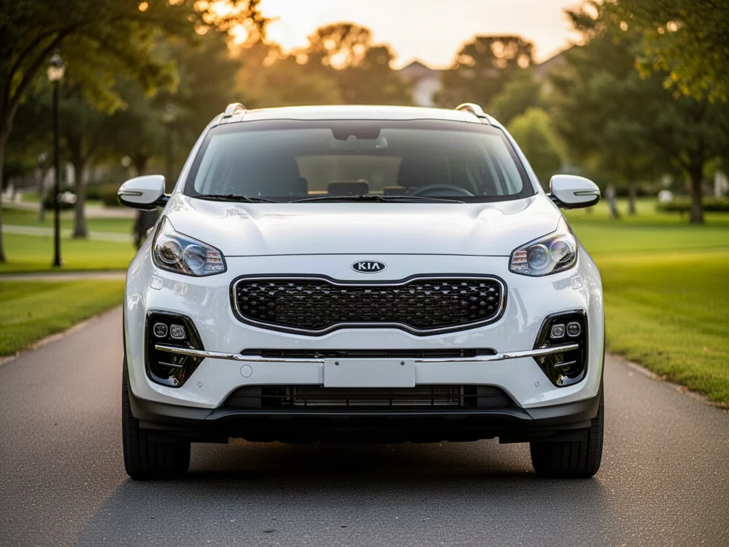 Biała Kia Sportage III zaparkowana na drodze w otoczeniu zieleni podczas złotej godziny. Widok na przód nadwozia.