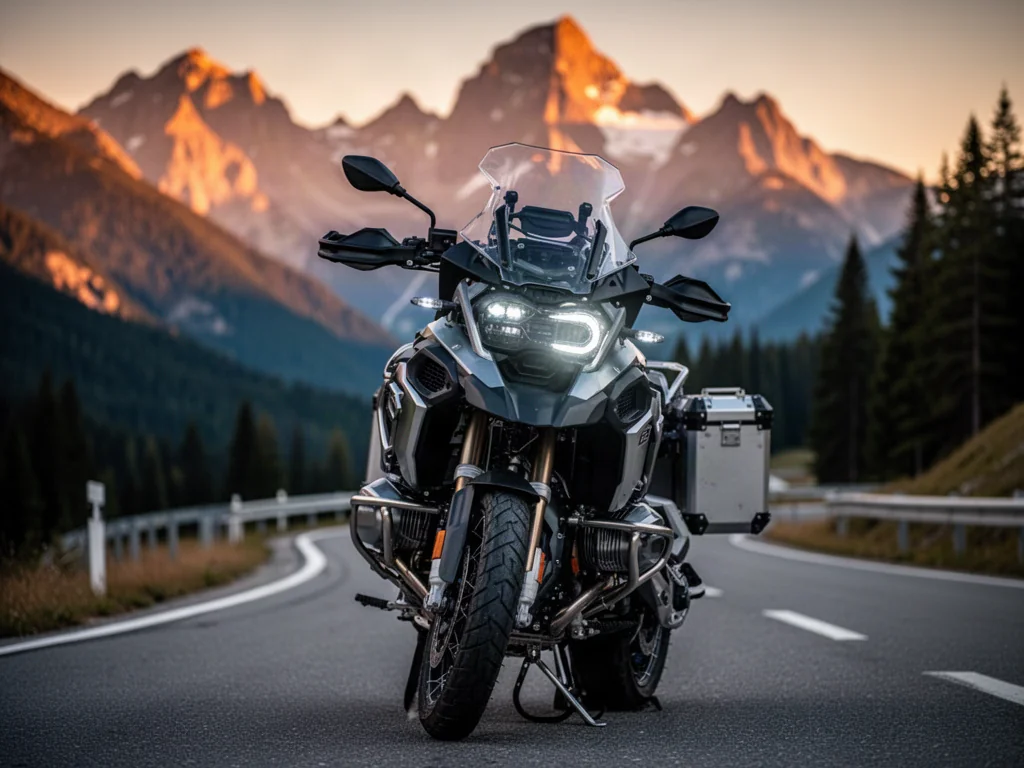 Nowoczesny motocykl turystyczny Benelli TRK 702 zaparkowany na malowniczej górskiej drodze w świetle zachodzącego słońca.