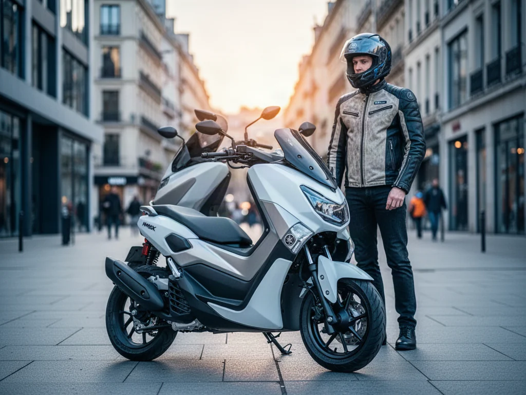 Biały skuter Yamaha NMAX 125 zaparkowany na miejskiej ulicy obok kierowcy w kasku i kurtce motocyklowej.