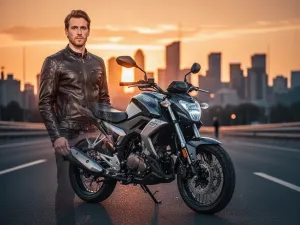 Nowoczesny skuter Yamaha XMAX 125 zaparkowany na miejskiej ulicy o zachodzie słońca wraz z kierowcą w pełnym rynsztunku.