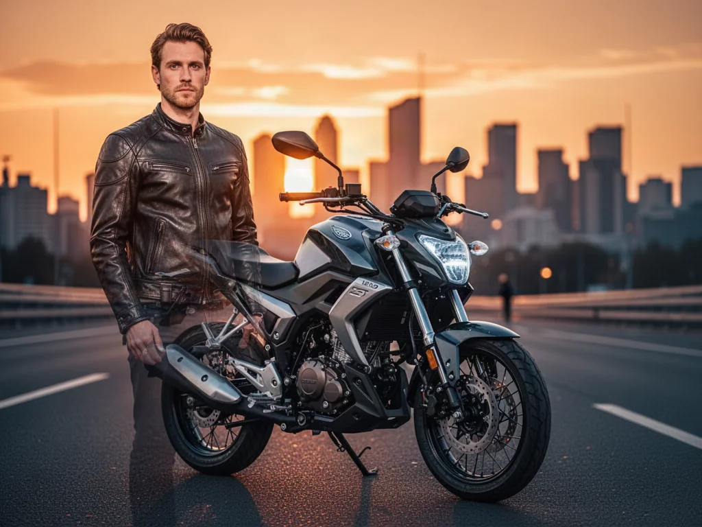 Nowoczesny motocykl Junak RX One 125 zaparkowany na miejskiej ulicy podczas zachodu słońca obok kierowcy w stroju motocyklowym.