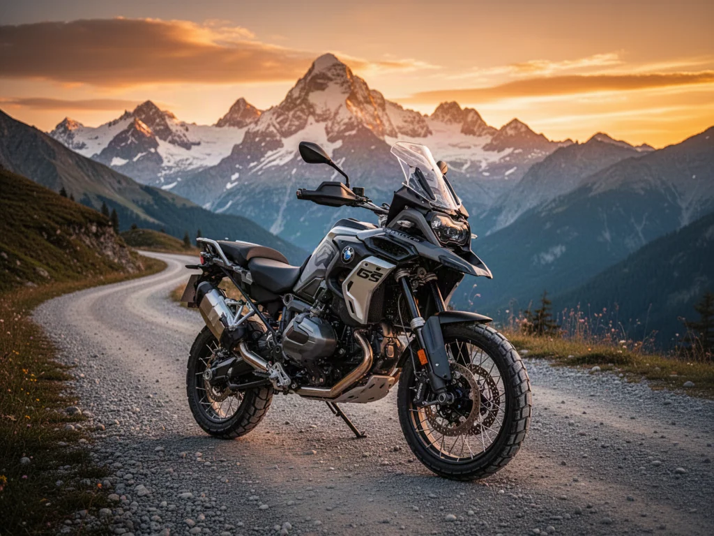 Suzuki V-Strom 800DE zaparkowane na żwirowej drodze w górach podczas zachodu słońca, podkreślające jego wyprawowy charakter.