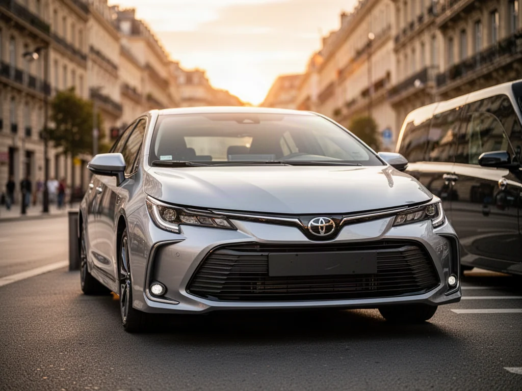 Srebrna Toyota Corolla E15 zaparkowana na miejskiej ulicy w świetle zachodzącego słońca.