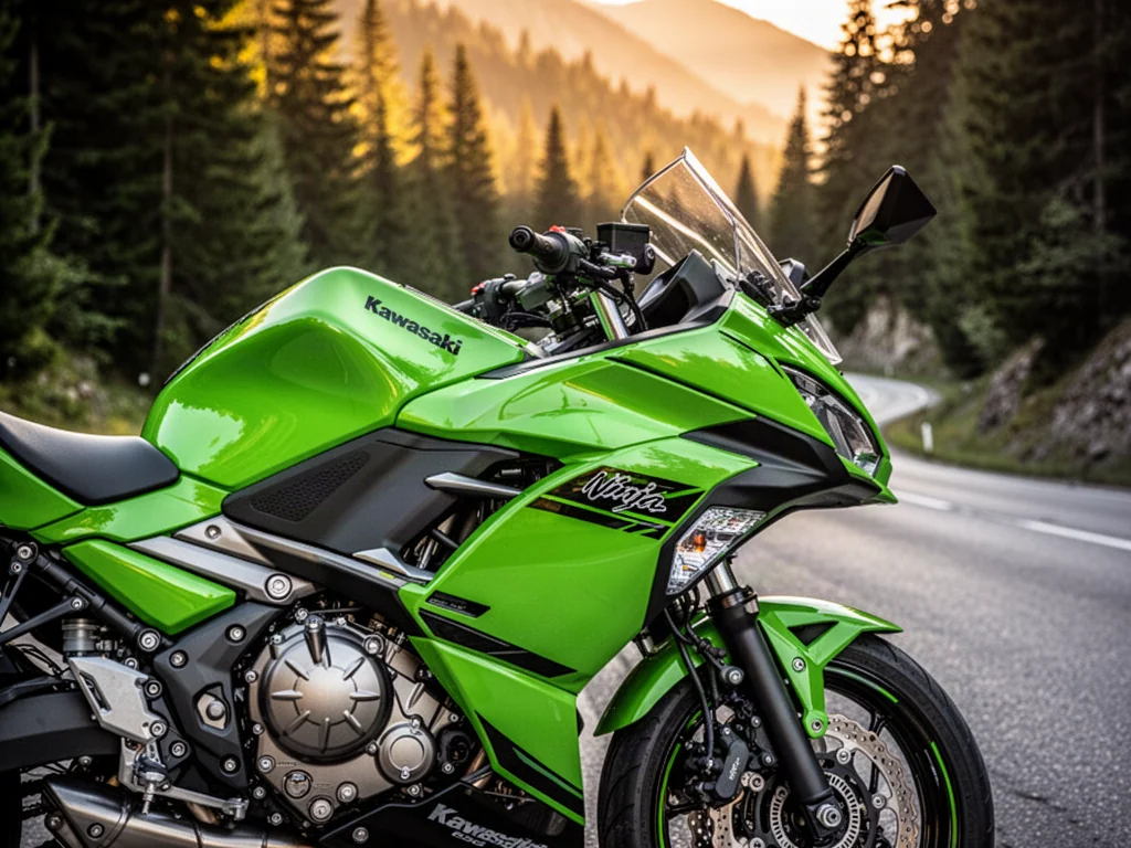 Limonkowa Kawasaki Ninja 650 zaparkowana na tle krętej górskiej drogi w świetle zachodzącego słońca.