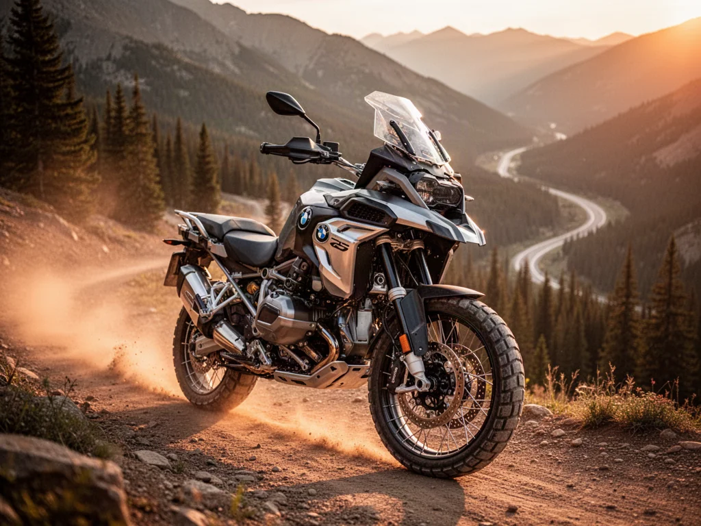 Nowoczesny motocykl BMW F 900 GS jadący po piaszczystym górskim szlaku w blasku zachodzącego słońca.
