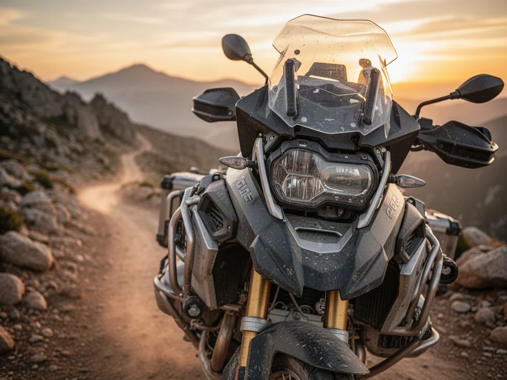 Honda CRF1100L Africa Twin zaparkowana na górskim szlaku w blasku zachodzącego słońca.