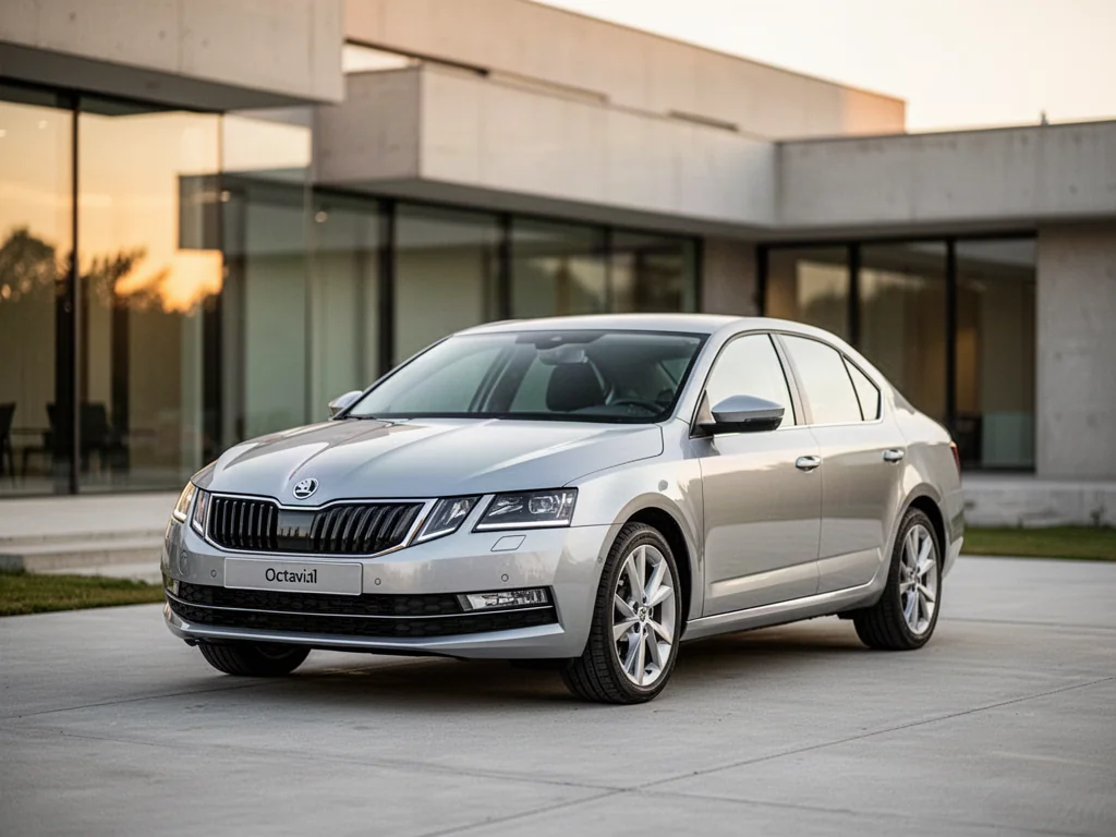 Srebrna Skoda Octavia III zaparkowana na nowoczesnym podjeździe w świetle zachodzącego słońca.