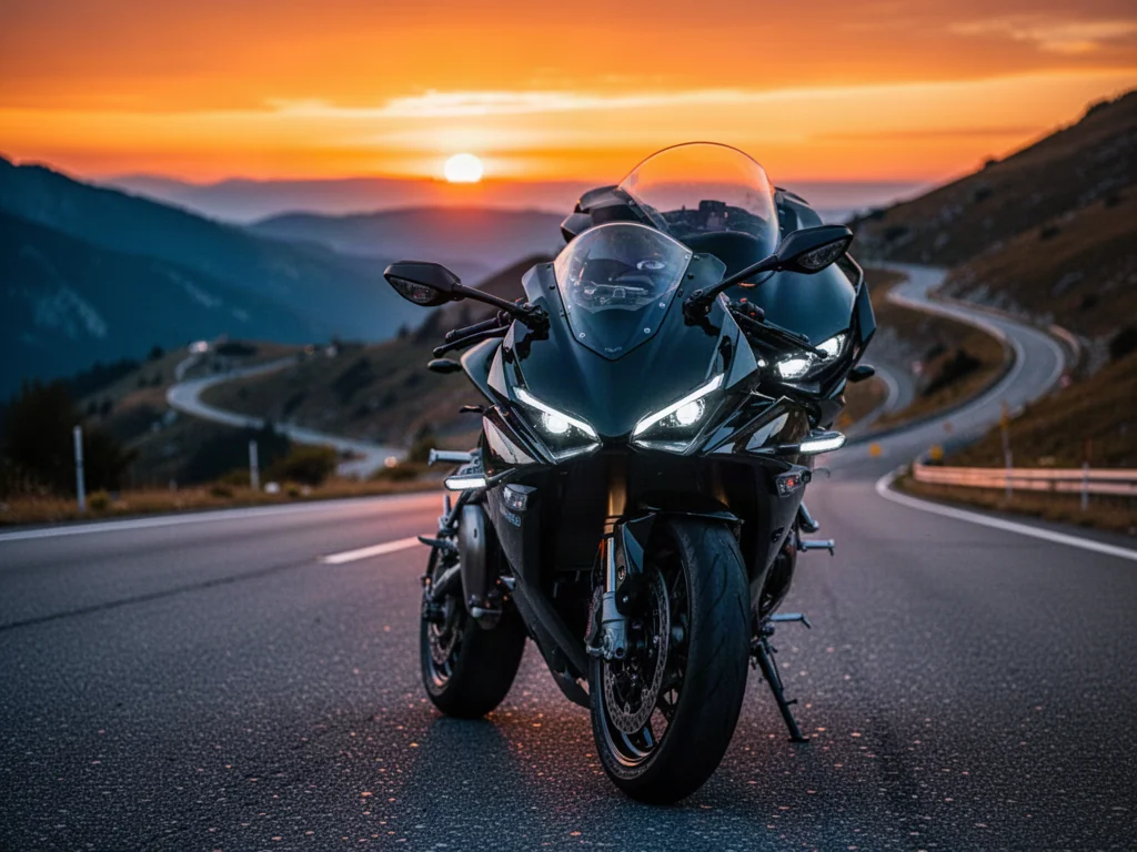 Nowoczesny motocykl sportowy Honda CBR650R zaparkowany na górskiej drodze w świetle zachodzącego słońca.