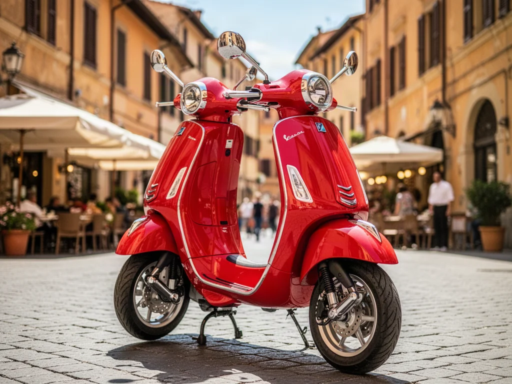 Czerwona Vespa Primavera 125 zaparkowana na słonecznej, włoskiej uliczce z zabytkową architekturą w tle.