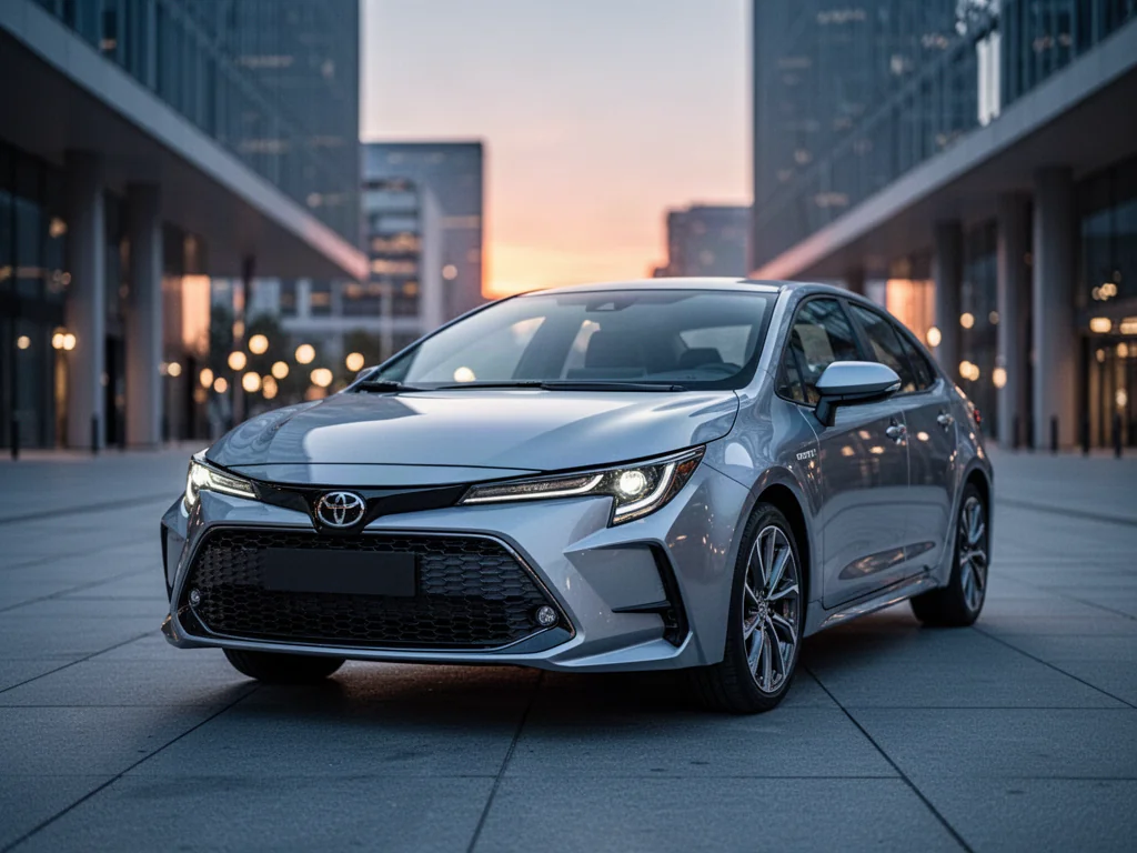 Srebrna Toyota Corolla zaparkowana na nowoczesnej ulicy o zachodzie słońca, prezentująca detale przedniego pasa auta.