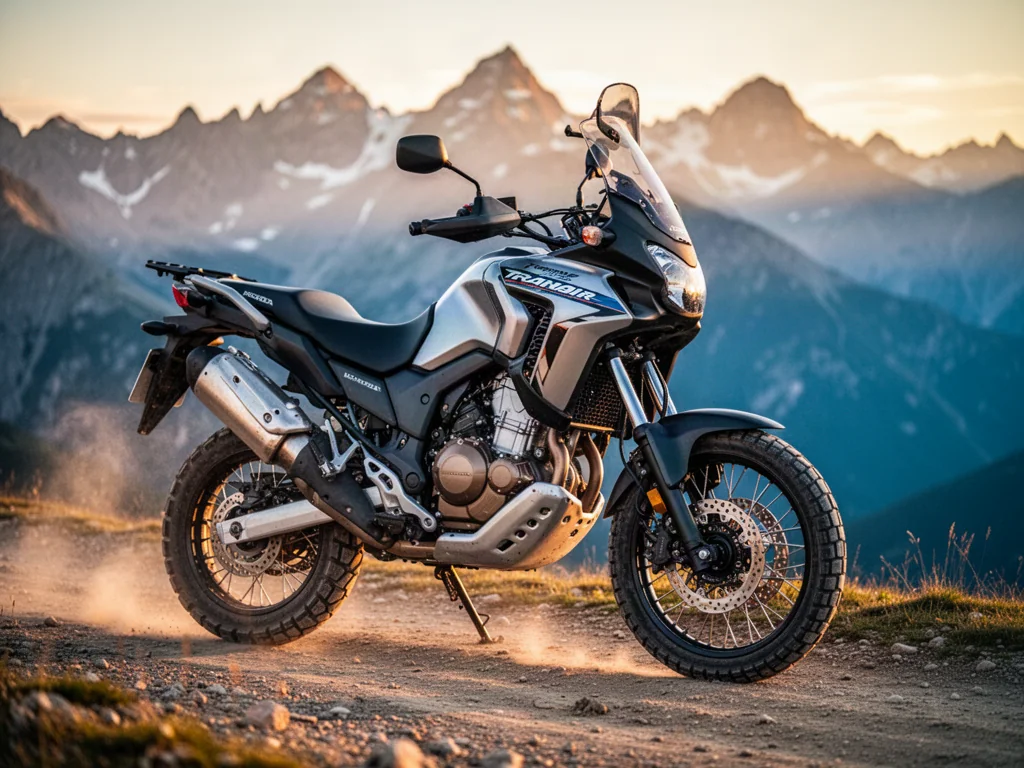 Honda XL750 Transalp zaparkowana na górskim szlaku w Alpach podczas złotej godziny.