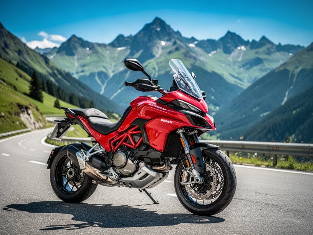 Czerwony motocykl Ducati Multistrada V4 zaparkowany na krętej alpejskiej drodze z malowniczymi górami w tle.