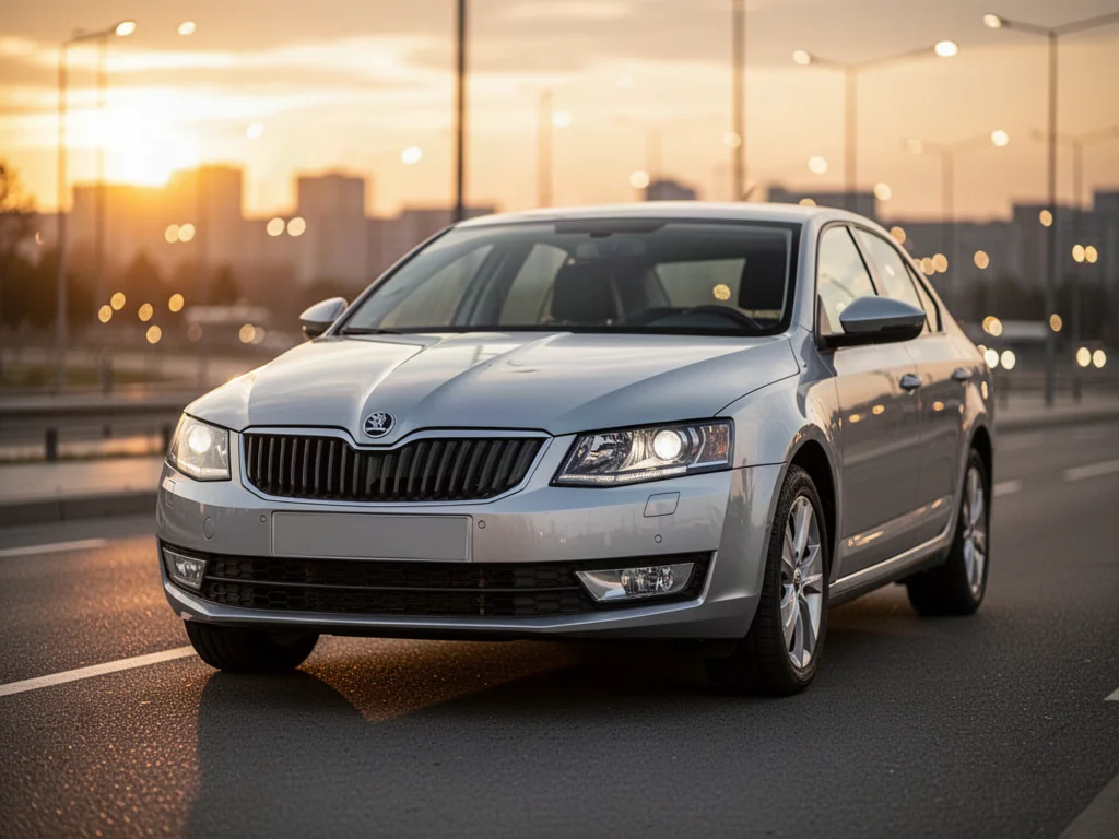 Srebrna Skoda Octavia II zaparkowana na nowoczesnej drodze w świetle zachodzącego słońca.