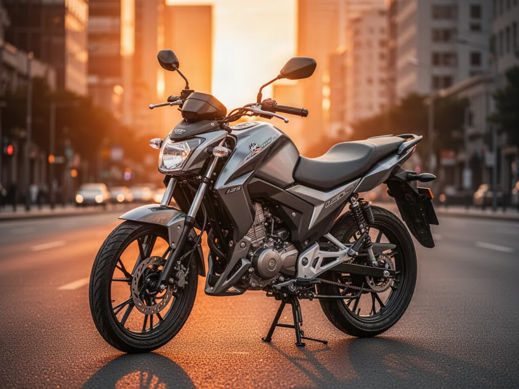 Nowoczesny motocykl Romet TANK 125 zaparkowany na miejskiej ulicy w blasku zachodzącego słońca.