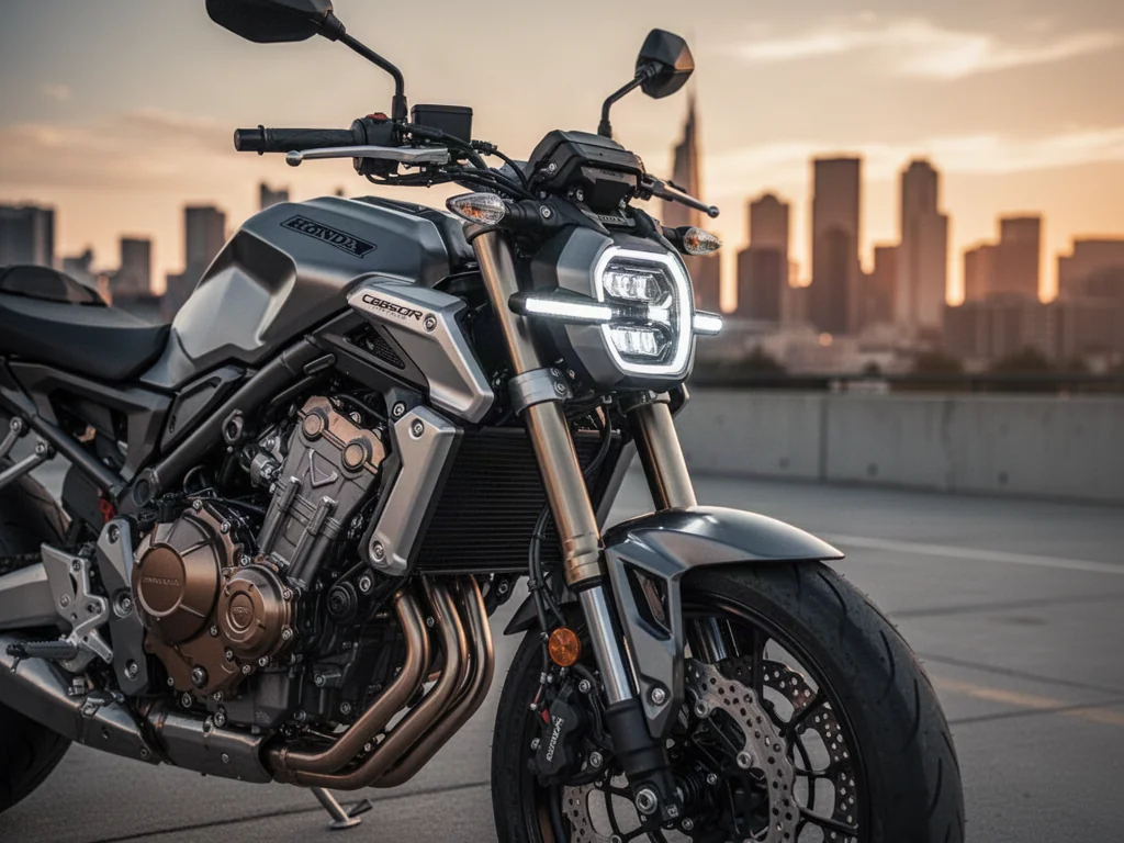 Honda CB650R zaparkowana na miejskiej ulicy w blasku zachodzącego słońca, podkreślająca nowoczesny styl neo-sports cafe.