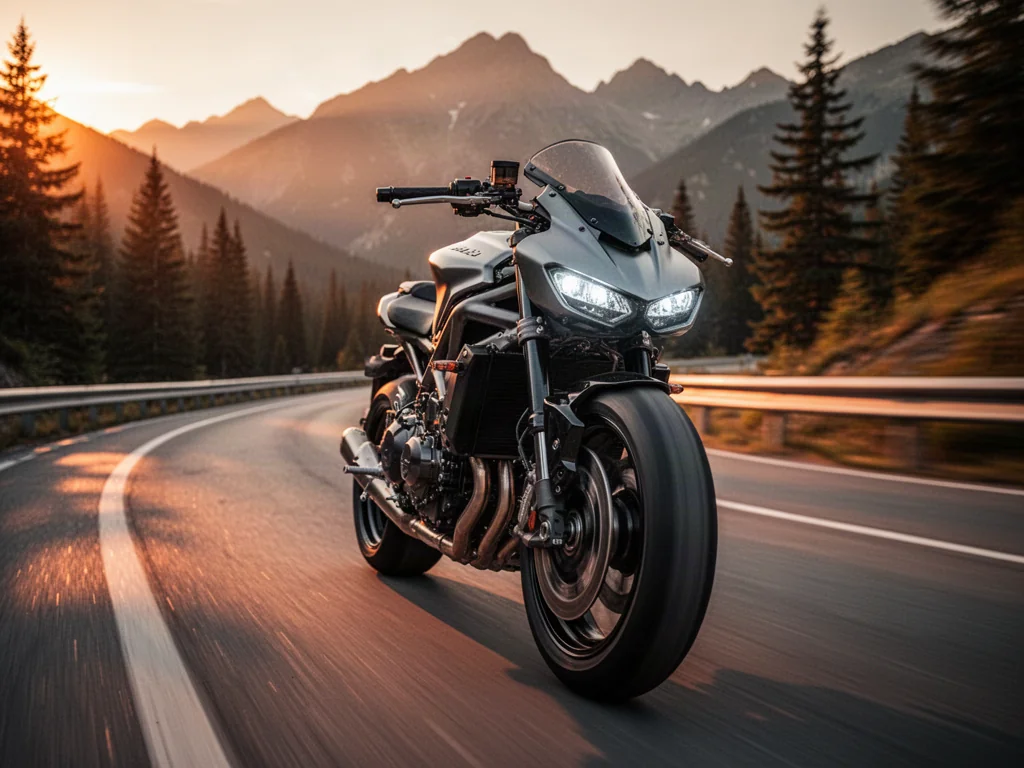 Yamaha MT-07 pędząca po krętej górskiej drodze w blasku zachodzącego słońca. Dynamiczne ujęcie podkreślające sportowy charakter.
