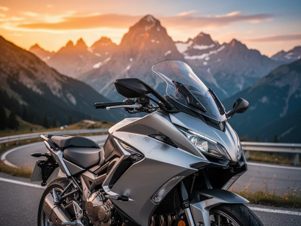 Nowoczesny motocykl sportowo-turystyczny Yamaha Tracer 9 zaparkowany na krętej górskiej drodze podczas zachodu słońca.