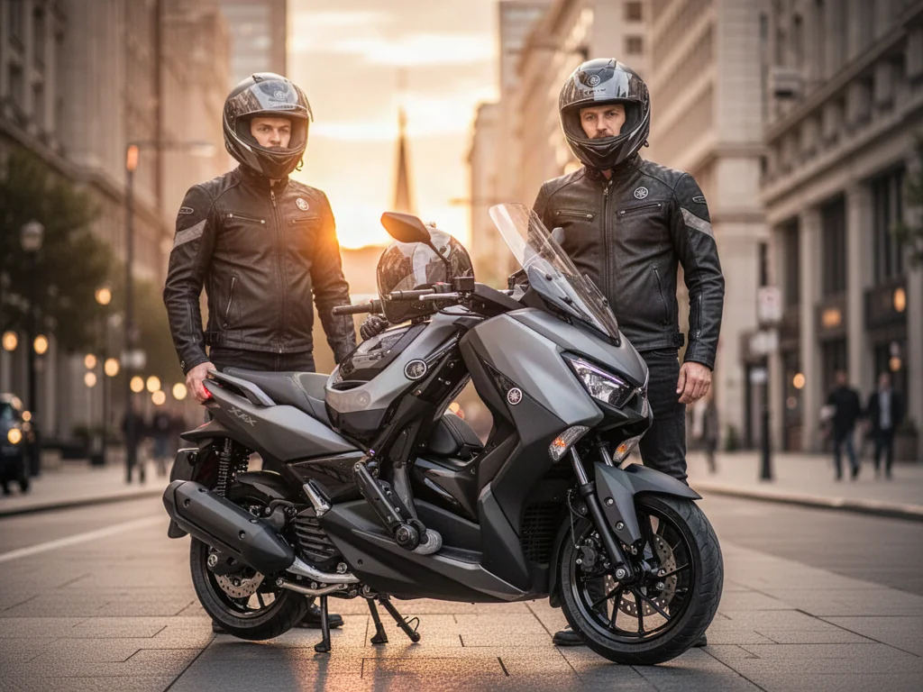 Nowoczesny skuter Yamaha XMAX 125 zaparkowany na miejskiej ulicy o zachodzie słońca wraz z kierowcą w pełnym rynsztunku.