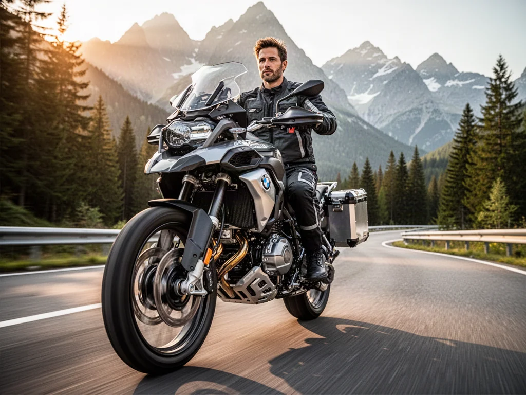Motocykl Triumph Tiger 900 jadący krętą górską drogą w świetle zachodzącego słońca.