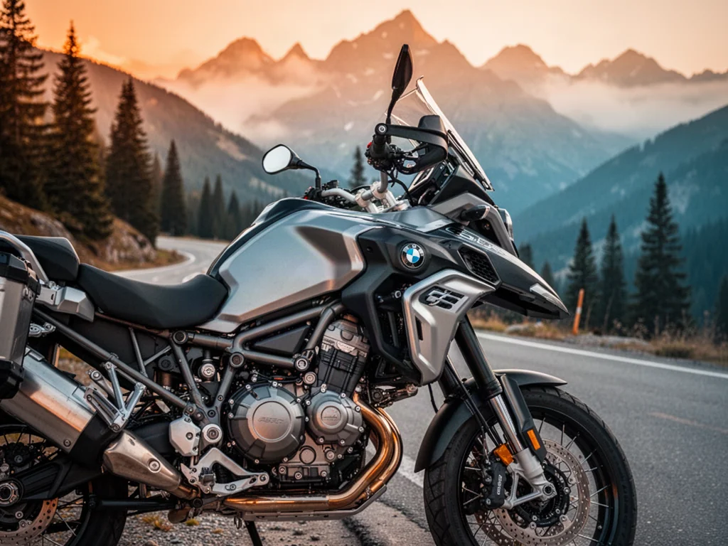 Nowoczesny motocykl BMW R 1300 GS zaparkowany na krętej górskiej drodze w scenerii oświetlonej złotą godziną.