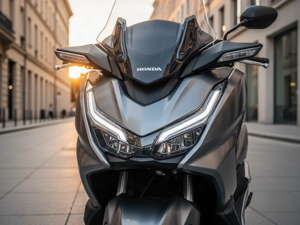 Nowoczesny skuter Honda Forza 125 zaparkowany na tle miejskiej architektury w świetle zachodzącego słońca.