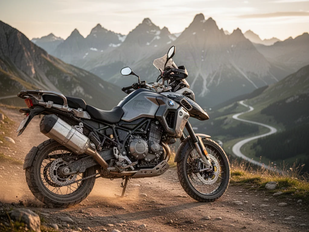 Motocykl BMW R 1250 GS Adventure zaparkowany na górskim szlaku w świetle zachodzącego słońca.
