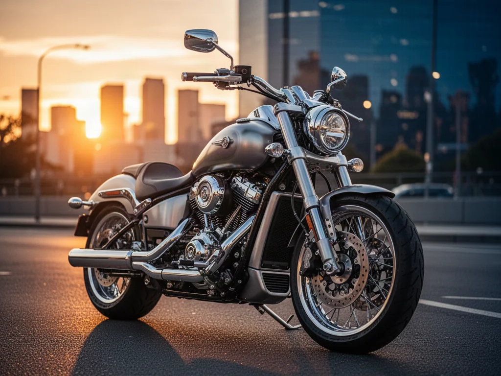 Nowoczesny cruiser Zontes ZT125-C zaparkowany na miejskiej ulicy w blasku zachodzącego słońca.