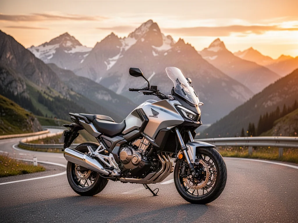 Nowoczesny motocykl Honda NT1100 zaparkowany na malowniczej górskiej drodze w blasku zachodzącego słońca.