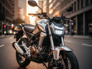 Nowoczesny skuter Yamaha XMAX 125 zaparkowany na miejskiej ulicy o zachodzie słońca wraz z kierowcą w pełnym rynsztunku.