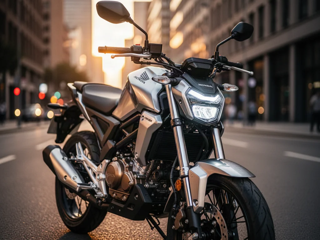 Nowoczesna Honda CB125R zaparkowana na miejskiej ulicy w świetle zachodzącego słońca, podkreślająca detale motocykla.